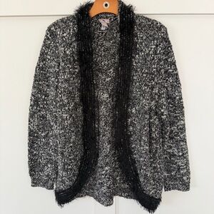 Chico’s Women’s Sweater Cardigan Open Front Chunky Black White Fuzzy‎ Trim L 2